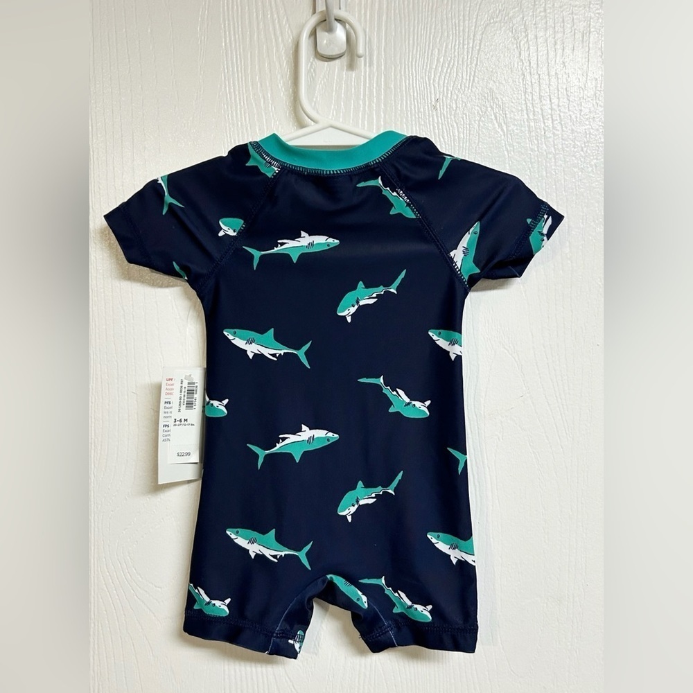 Old Navy Shark Swimsuit Zip Up One Piece Sz. 3-6m Navy Turquoise NWT - Picture 4 of 6